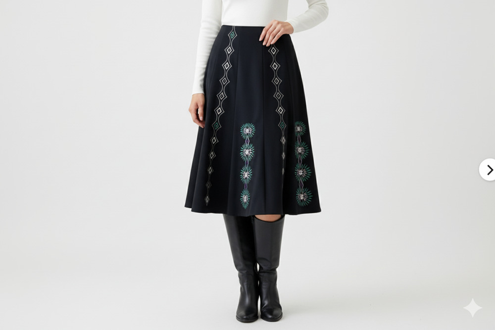 Sunny Leigh Women’s Black Embroidered Panelled A line classic Midi Skirt size 6